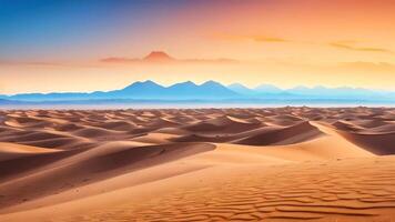 ai gerado dourado pôr do sol sobre deserto areia dunas com uma Claro céu, criando uma tranquilo panorama do da natureza beleza video