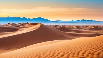 ai gerado dourado pôr do sol sobre deserto areia dunas com uma Claro céu, criando uma tranquilo panorama do da natureza beleza video