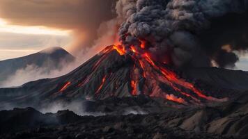 AI generated a volcano erupting with smoke and lava video