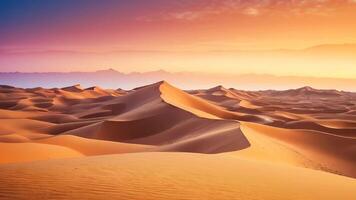 ai generiert golden Sonnenuntergang Über Wüste Sand Dünen mit ein klar Himmel, Erstellen ein still Landschaft von der Natur Schönheit video