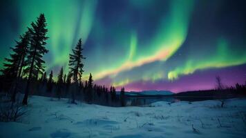 ai generato il aurora Borealis è visto nel il cielo sopra un' foresta video