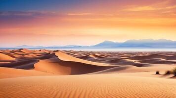 ai generiert golden Sonnenuntergang Über Wüste Sand Dünen mit ein klar Himmel, Erstellen ein still Landschaft von der Natur Schönheit video