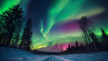 ai generiert das Aurora Borealis ist gesehen im das Himmel über ein Wald video