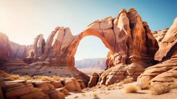 ai generiert golden Sonnenuntergang Über Wüste Sand Dünen mit ein klar Himmel, Erstellen ein still Landschaft von der Natur Schönheit video