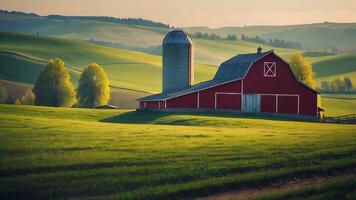 ai generiert still Landschaft Bauernhof mit rollen Hügel und Scheune amerikanisch, amerikanisch Flagge, bunt, horizontal, landschaftlich gestaltet, Freiheit, heiter, patriotisch, Ruhe, Kurve, USA, Demokratie, friedlich, video