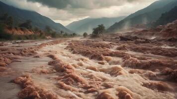 AI generated a river is flowing through a mountain valley video