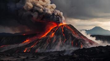 ai genererad en vulkan utbrott med rök och lava video