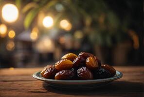 ai generado Ramadán concepto de cerca de fechas Fruta con hermosa natural visto foto