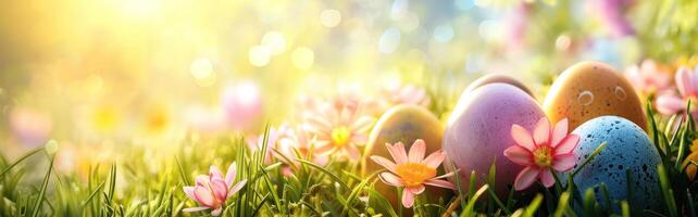 AI generated Easter eggs in grass on a sunny spring day. Happy Easter banner. Easter decoration. Generative AI photo