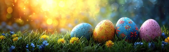 AI generated Easter eggs in the green grass illuminated by sunlight. Colourful Easter decoration. Happy Easter background. Generative AI photo