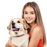 AI generated a handsome young girl with cute dog isolated on white background photo