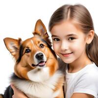 AI generated a handsome young girl with cute dog isolated on white background photo