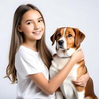 AI generated a handsome young girl with cute dog isolated on white background photo