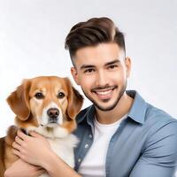 AI generated a handsome young boy with cute dog isolated on white background photo