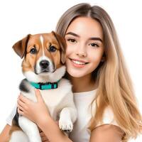 AI generated a handsome young girl with cute dog isolated on white background photo