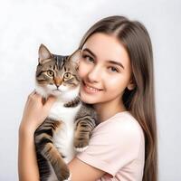 AI generated a handsome young girl with cute cat  isolated on white background photo