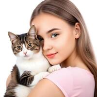 AI generated a handsome young girl with cute cat  isolated on white background photo