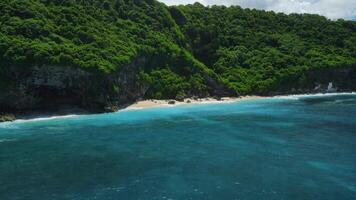 costa con chiaro oceano e alto scogliera nel un' tropicale isola. aereo Visualizza di bali video