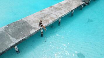 Woman on pier looking at stingray in sea on Maldives. Sting ray fishes swimming in blue ocean, aerial view video