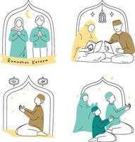 Line color ramadan praying activity vector illustration