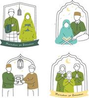 Line color ramadan praying activity vector illustration