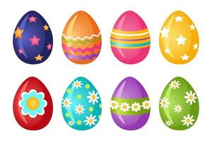 Bright decorated Easter eggs. A set of eight eggs of different colors with a pattern. Religious symbol of Happy Easter celebration. Design element for postcard. Vector illustration.