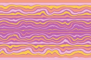 Groovy wavy bright vintage seamless background. Striped psychedelic dynamic pattern in the style of the 70s. Apricot, pink, yellow, rich purple color. Retro hippie background. Vector illustration.