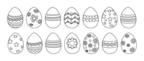 Outline drawing of a coloring set of Easter eggs for children. Religious symbol of Happy Easter celebration. Design element for postcard. Vector illustration.