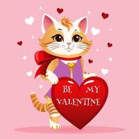 Romantic cute cat with a red bow and a heart for Valentines Day. Valentine card with cute animals in cartoon style. Vector illustration.