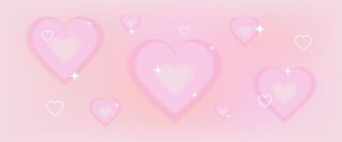 Year 2000 gradient background template with cute pink hearts. Fashionable 3D Valentines Day design in y2k aesthetics. Pale pink yellow colors. Vector illustration.