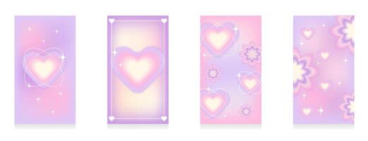 A set of gradient social media story templates in the style of the 90s,2000s. Trendy glamor aesthetic y2k with hearts. Pastel pink, beige, purple, lilac colors. Vector illustration.