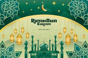 Elegant glamour background and poster Ramadan Kareem with gradient style and realistic icon vector