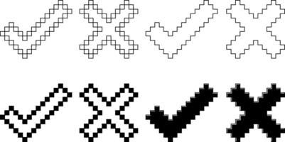 black white pixel check mark cross icon set vector