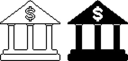 black white pixel art Bank Building icon set vector