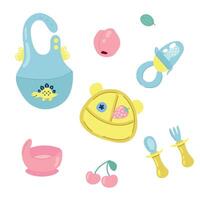 Set of children's dishes. Bib, plates, nibbler, spoon, fork, fruit vector