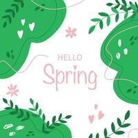 Hello Spring banner with leaf and doodle elements for greeting card, invitation template. Colorful spring postcard. vector