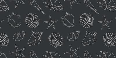 Seamless pattern with hand drawn outline seashells with chalk on a black board. Vector marine pattern for fashion design, fabric, paper, web design, textile, tiles, packaging