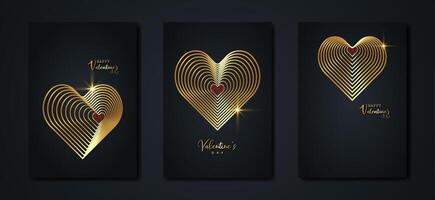 Happy Valentines day vector set greeting card. Gold hearts on black background. Holiday poster with gold text, jewels. Concept for Valentine banner, flyer, party invitation, jewelry gift shop