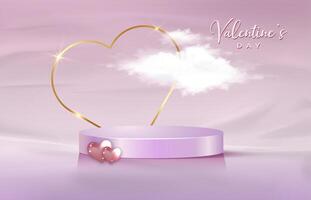 3d platform studio display Valentines Day, gold heart frame and fluffy cloud. Studio pink pedestal floor. Valentine day minimal scene for product display presentation, vector illustration