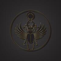 Egyptian sacred scarab stag beetle horns with wings. Black logo, gold silhouette. Vector insect isolated on a black background. Symbol of the ancient Egyptians of the god of the sun in circle shape