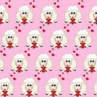 seamless pattern with cartoon sheep Holding Hearts on pink background. Valentine Day. vector