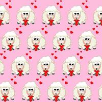 seamless pattern with cartoon sheep Holding Hearts on pink background. Valentine Day. vector