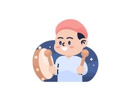 illustration of a boy beating a drum. Muslim man. gesture or pose. funny, cute and adorable characters. graphic elements of ramadan, eid al fitr, eid al adha. flat or cartoon style illustration design vector