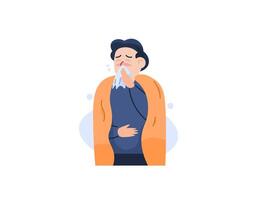 A man who has flu or colds. wearing a blanket because of the body is feverish. using tissues. health problems and diseases. the character of people. Cartoon or flat style illustration design. graphic vector