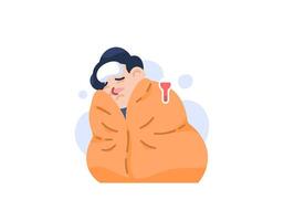 A man who has a fever. wearing a blanket because of catching a cold. high body temperature. health problems and diseases. the character of people. Cartoon or flat style illustration design. graphic vector