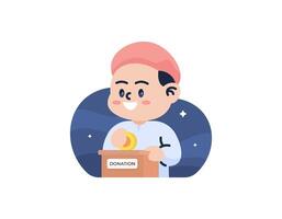 illustration of a boy putting money into a charity box. a Muslim man who donated money. donation or alms. funny, cute and adorable characters. graphic elements of ramadan, eid al fitr, eid al adha vector