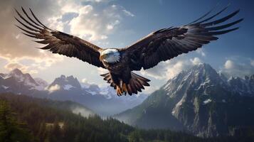 AI generated an eagle flying over a mountain range photo