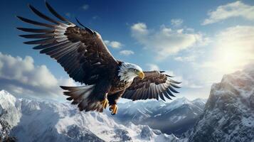 AI generated an eagle flying over a mountain range photo