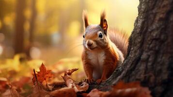 AI generated a red squirrel is sitting on a tree branch photo