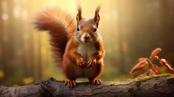 AI generated a red squirrel is sitting on a tree branch photo